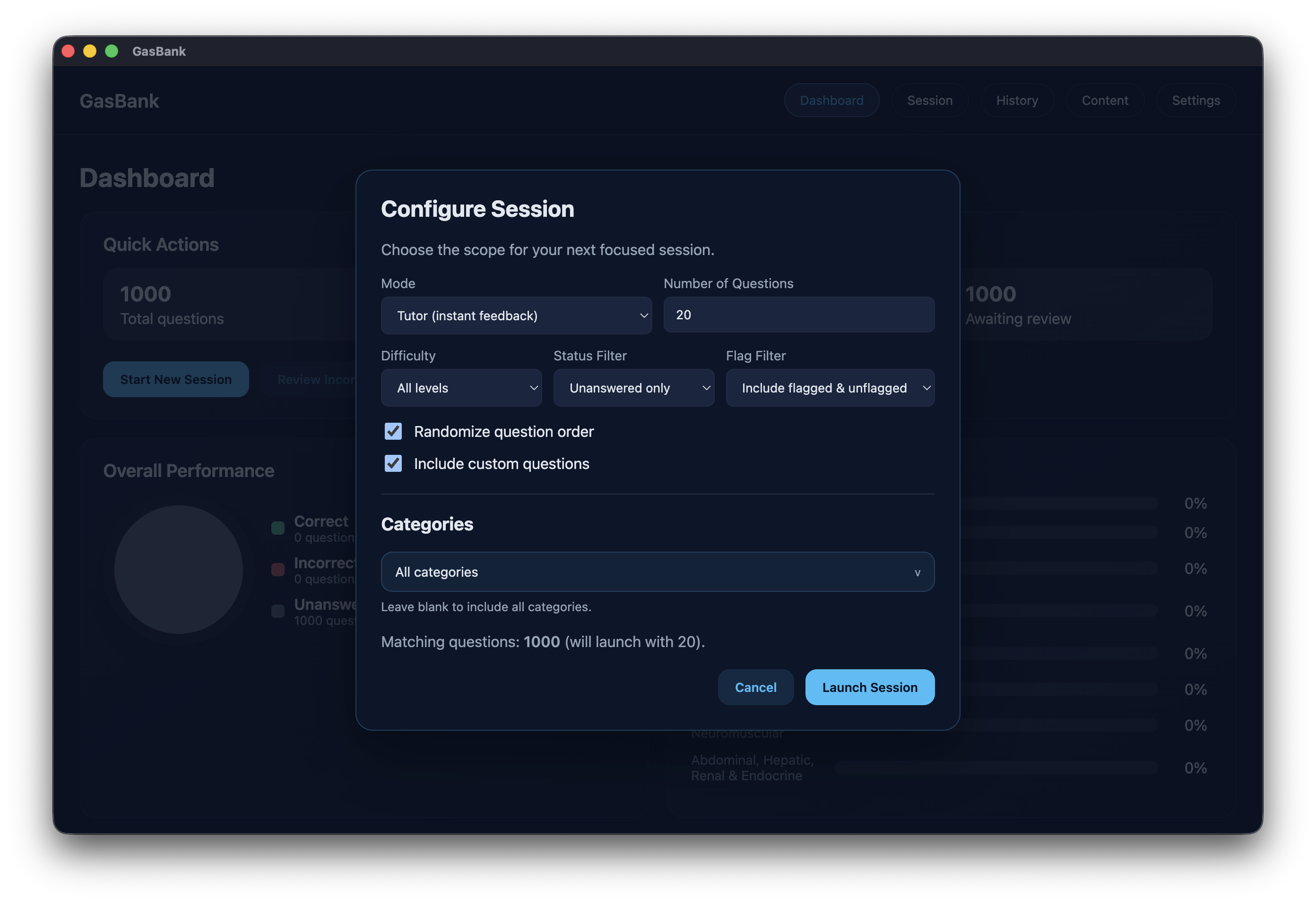 Question session configuration screen